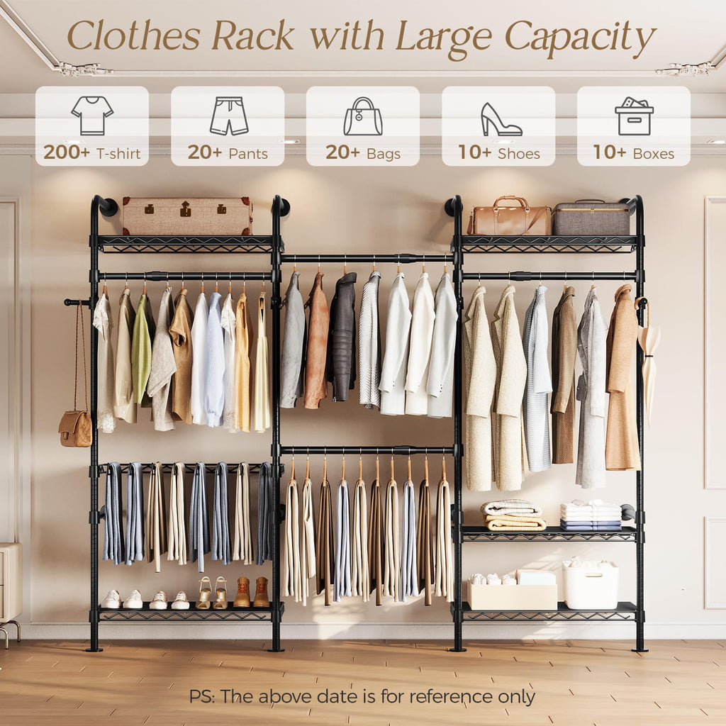 Closet Organizers Wall Mounted Closet System, 3-Row Heavy Duty Garment Clothes Rack, Industrial Pipe Clothing Rack