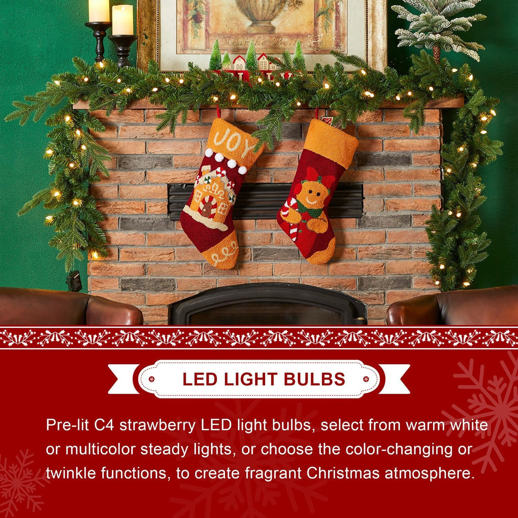 Christmas Garlands with Lights, Set of 2 9ft Pre-Lit Garlands with 50 C4 Strawberry LED Lights and Timer for Mantle