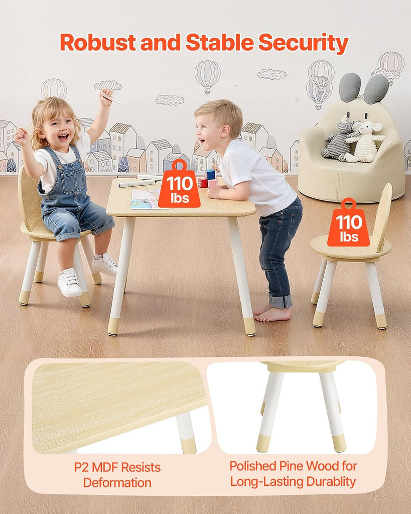 Kids Table and 2 Chairs Set, Toddler Table and Chair Set with Rounded Edge Design & Graffiti Desktop, Wooden Desk