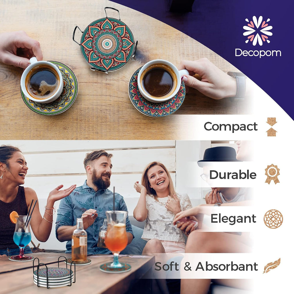Mandala Drink Coasters with Holder - 8 Set Ceramic Boho Coaster for Drinks Absorbent with Cork Base and Black Holder - Set of 9
