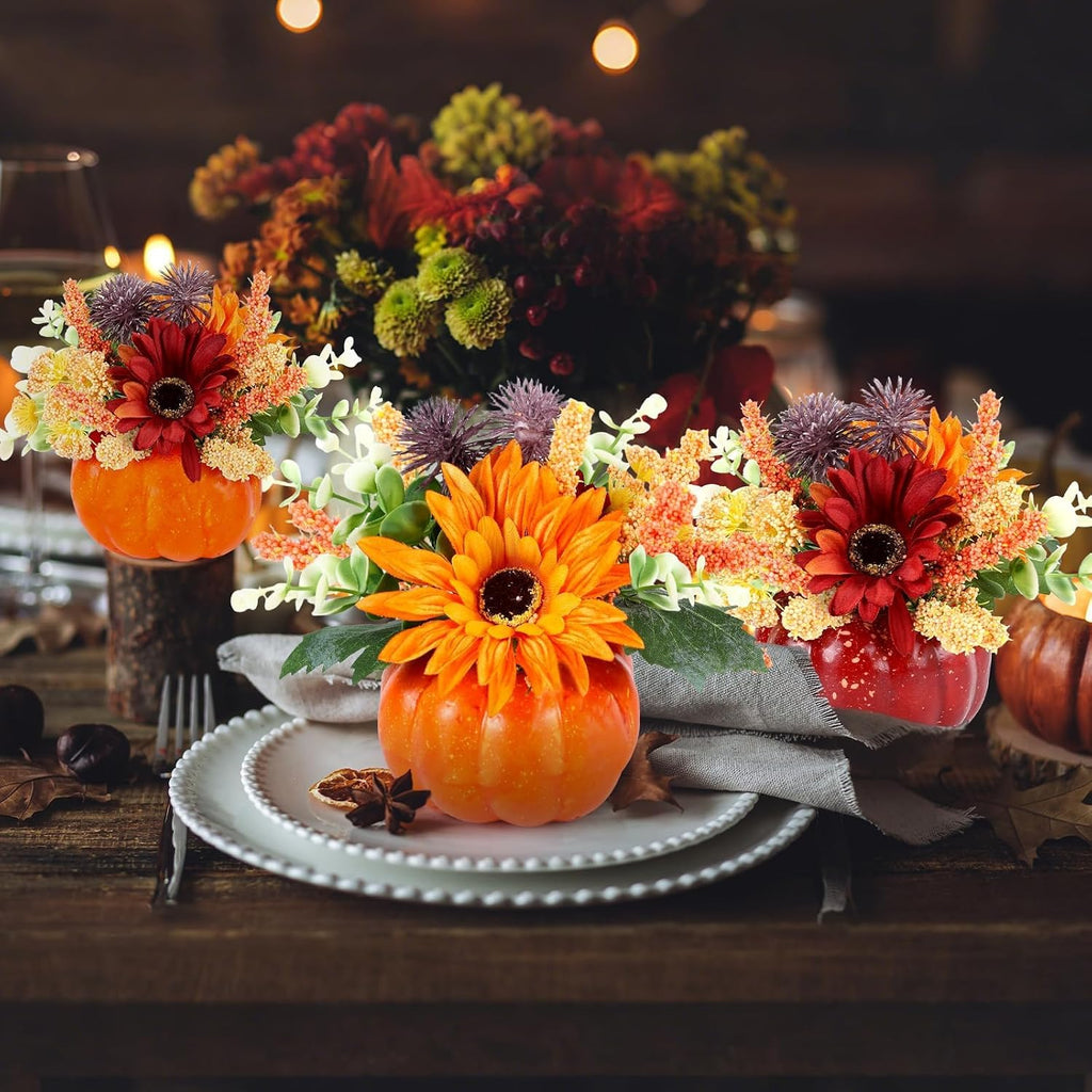 Mini Fall Pumpkin with Artificial Flower Decorations Thanksgiving Sunflower Centerpieces for Tables Harvest - Set of 6