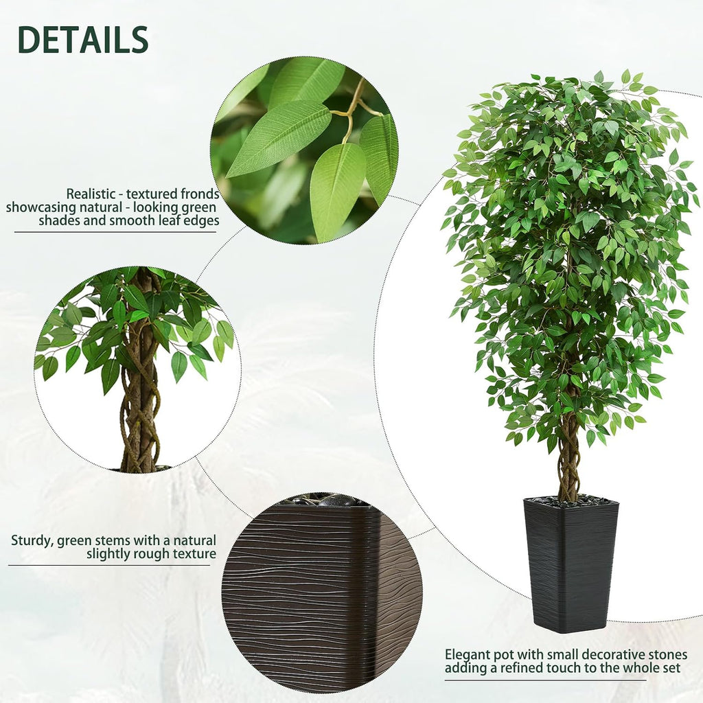 7FT Artificial Ficus Tree, 84 Inch Realistic Faux Silk Ficus Floor Plant with Black Planter & Pebbles, Tall Fake