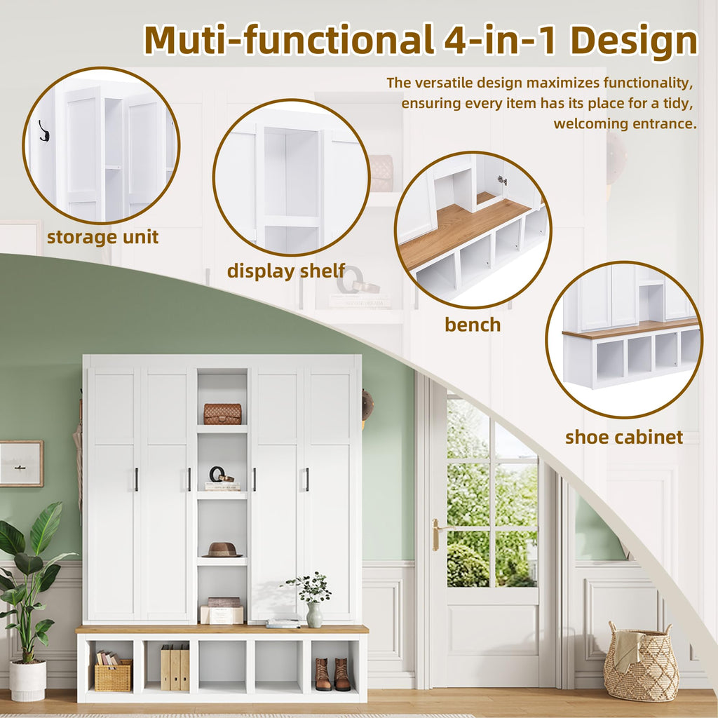 Modern Farmhouse Hall Tree with Bench, 4-in-1 Entryway Storage Cabinet & Shoe Organizer with Hooks, White