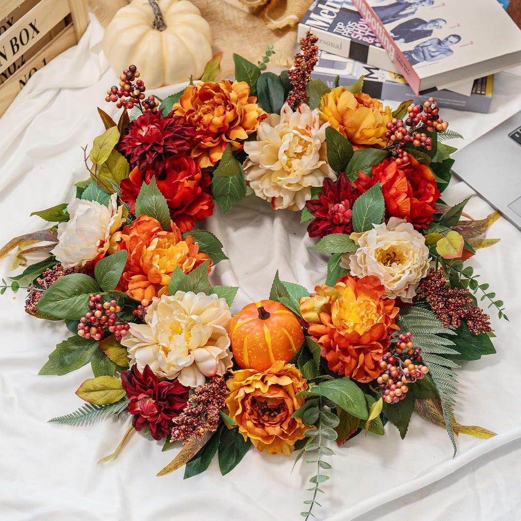 24 InchFall Wreaths for Front Door Autumn Wreath with Peony, Pumpkins