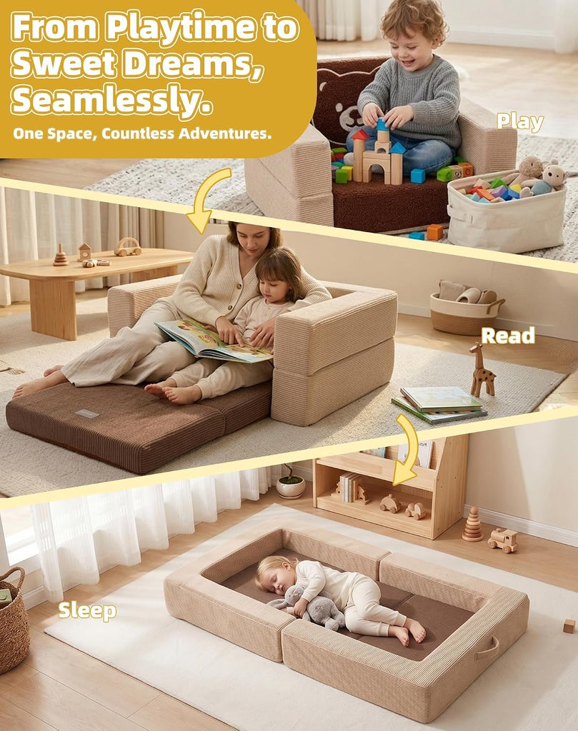 Toddler Travel Sofa Bed with Bear Pattern, 3-in-1 Convertible Toddler Sofa Bed, Portable Soft Foam Kids Couch