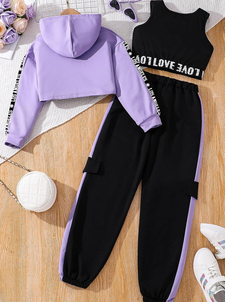Girls 3 Piece Outfits Workout Crop Hoodie Tank Sweatpants