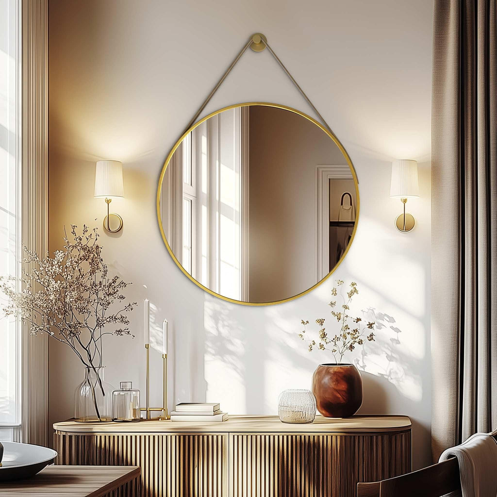Hanging Strap Wall Mirror: 31.5in Round Bathroom Mirror Gold Frame