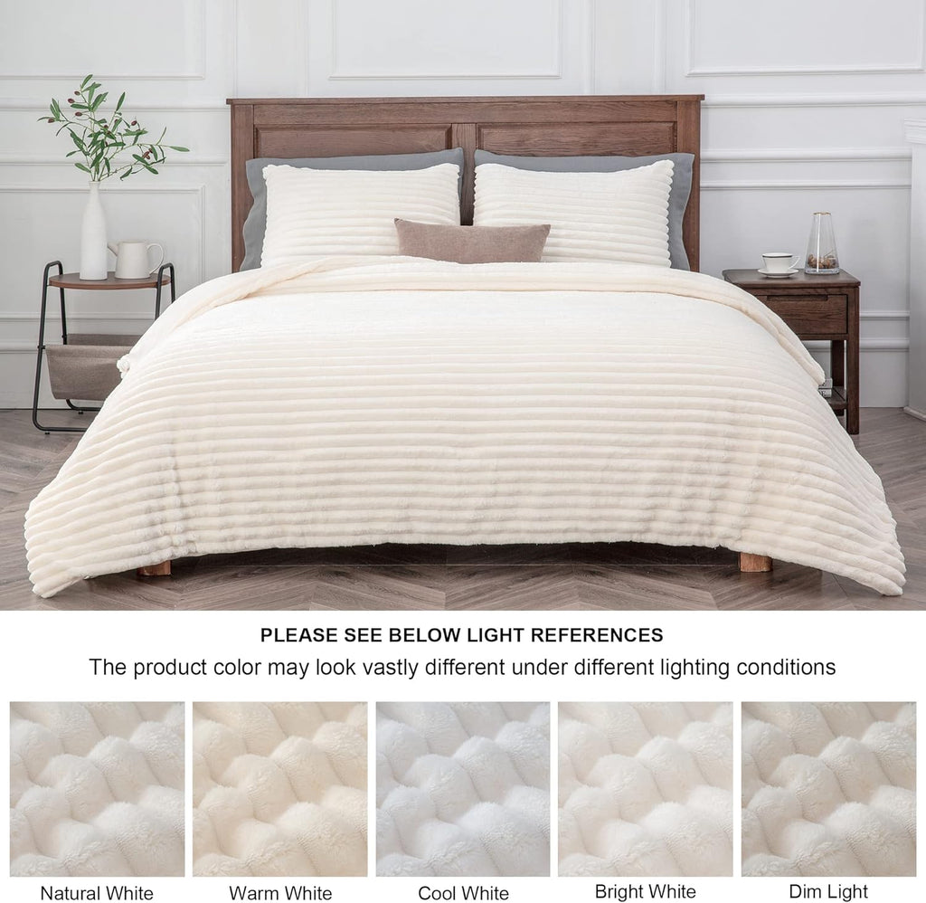 Fleece Comforter Set-Super Soft & Warm Fluffy Cream White Bedding