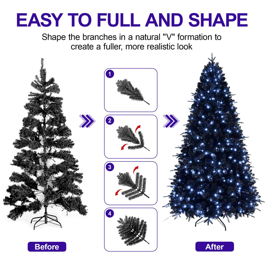 6FT Pre-Lit Black Christmas Tree with Cold White Lights for Halloween