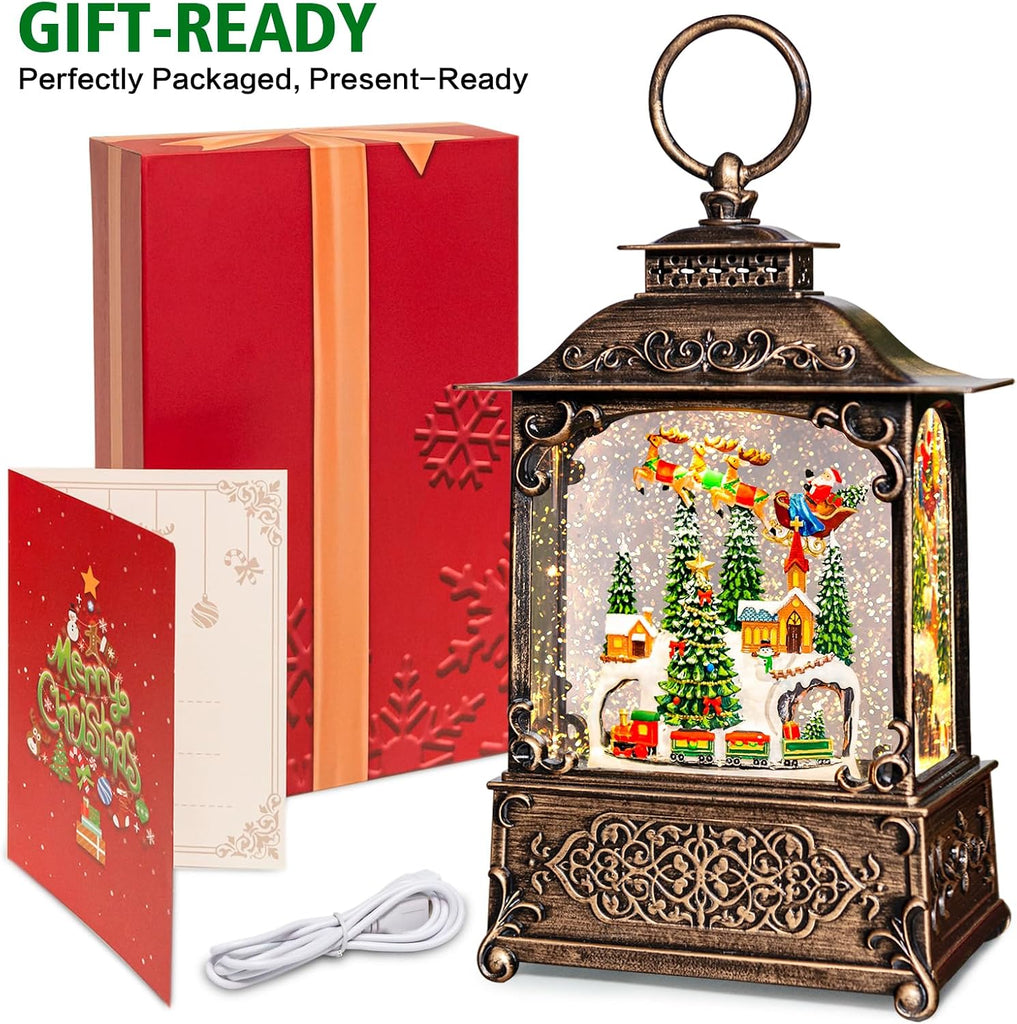 Christmas Snow Globes Lantern with Music, Winter Village Scene Snow Globes with Swirling Glitter Effects, USB/Battery