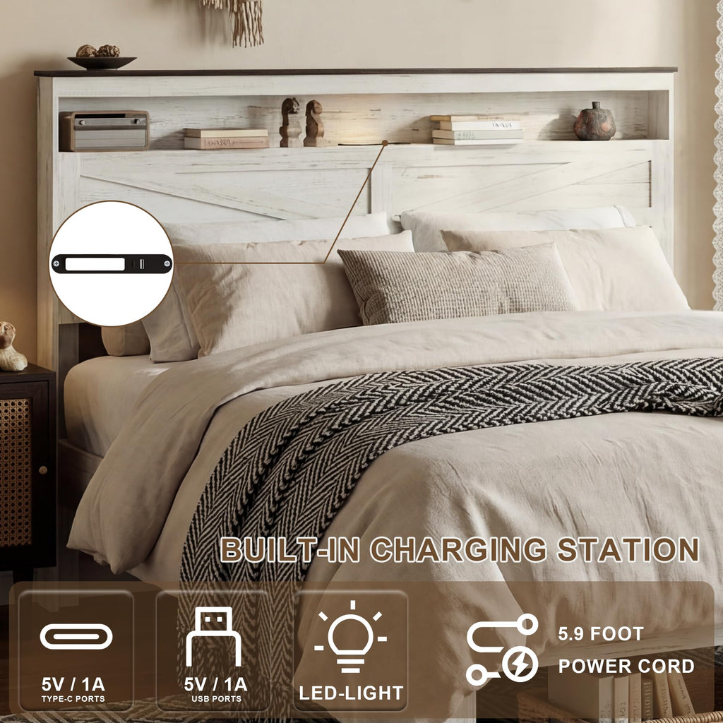 Farmhouse Bed Frame with LED Headboard Storage