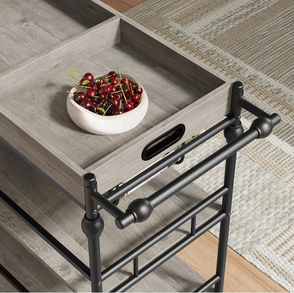 Bar Cart with Wheels, 3-Tier Serving Cart , Mobile Rolling Beverage Cart with Wine Rack and Removable Tray , Dining