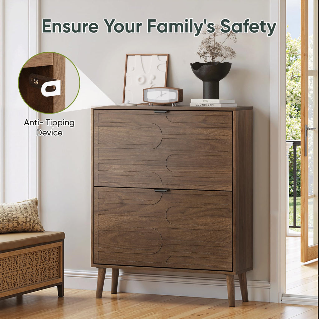 Shoe Cabinet with 2 Flip Drawers, Freestanding Shoe Storage Cabinet with Fluted Panel Design, Hidden Shoe Organizer