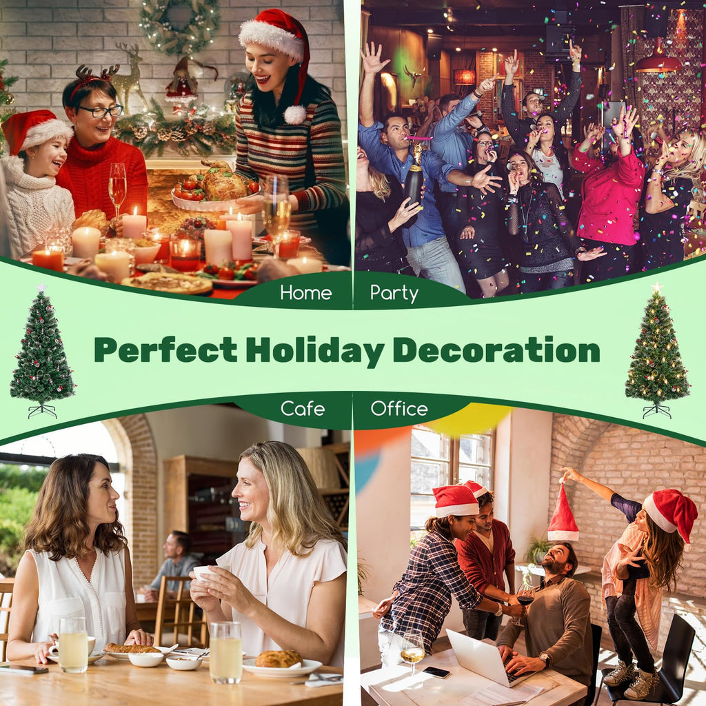 6 FT Pre-lit Fiber Optic Christmas Tree, Artificial Xmas Tree with 220 Branch Tips, 30 Retro Kerosene Lamps, Treetop