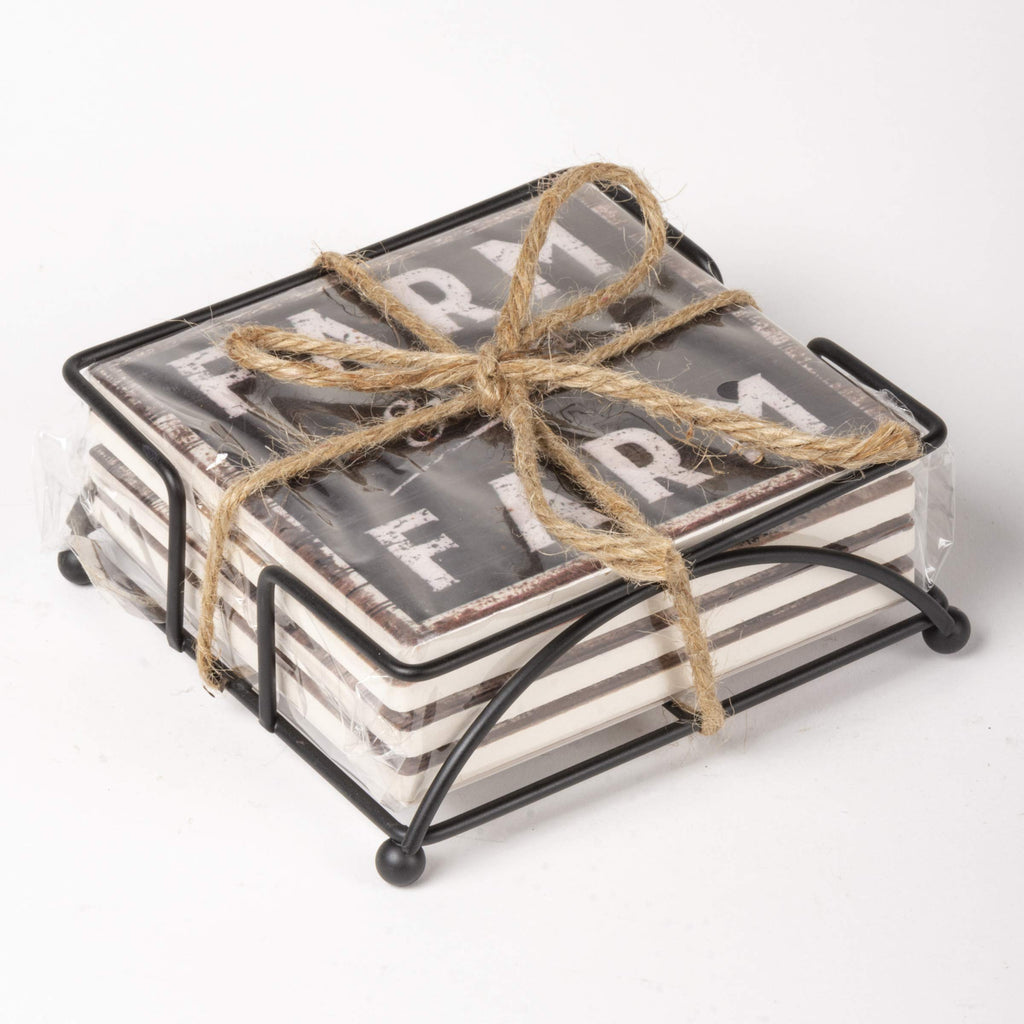 Set of 4 Absorbent Stone Coasters, Rustic Farmhouse Coaster Designs, Farm Sweet Farm, Includes Wire Holder, Slatted