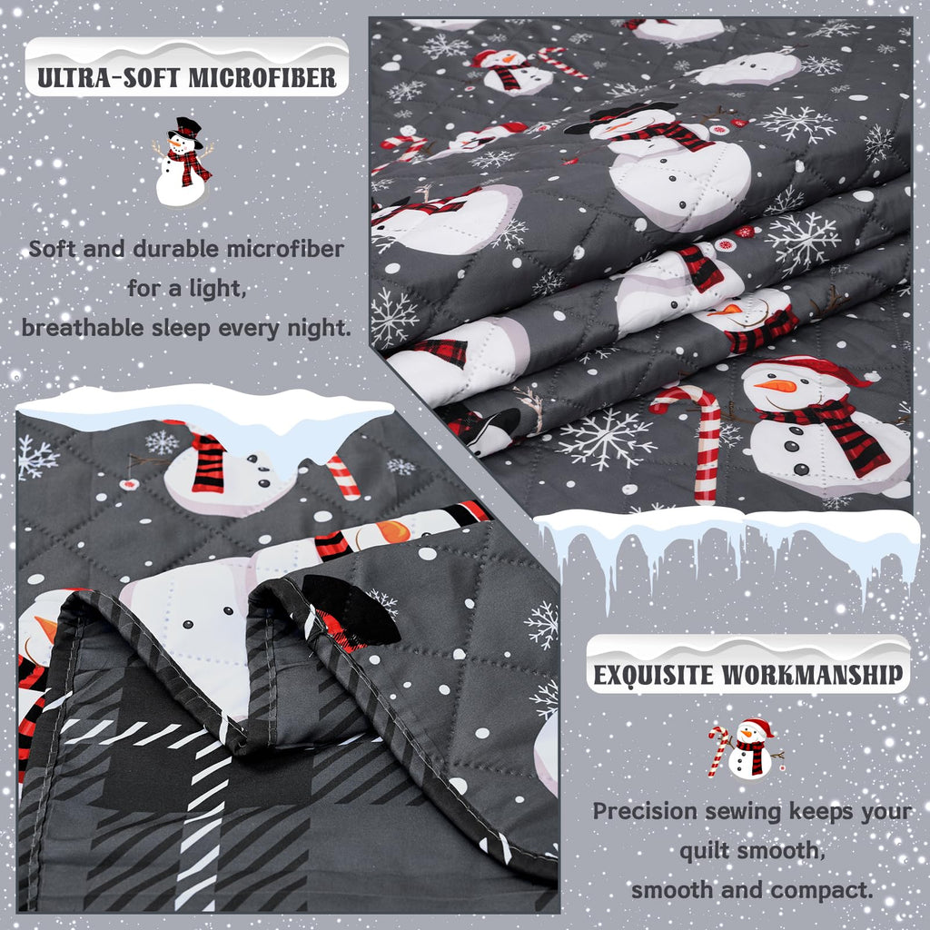 Christmas Quilt Set Queen Size 3 Piece Snowman Snowflake Bedding Set Reversible Winter Snow Grey Plaid Holiday Quilt
