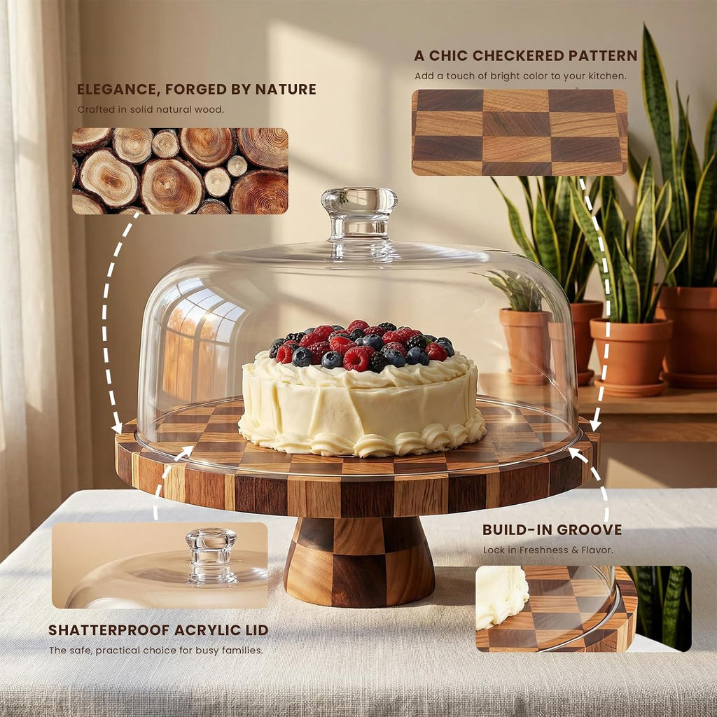 Cake Stand with Shatterproof Acrylic Dome, 12in Wooden Cake Stand