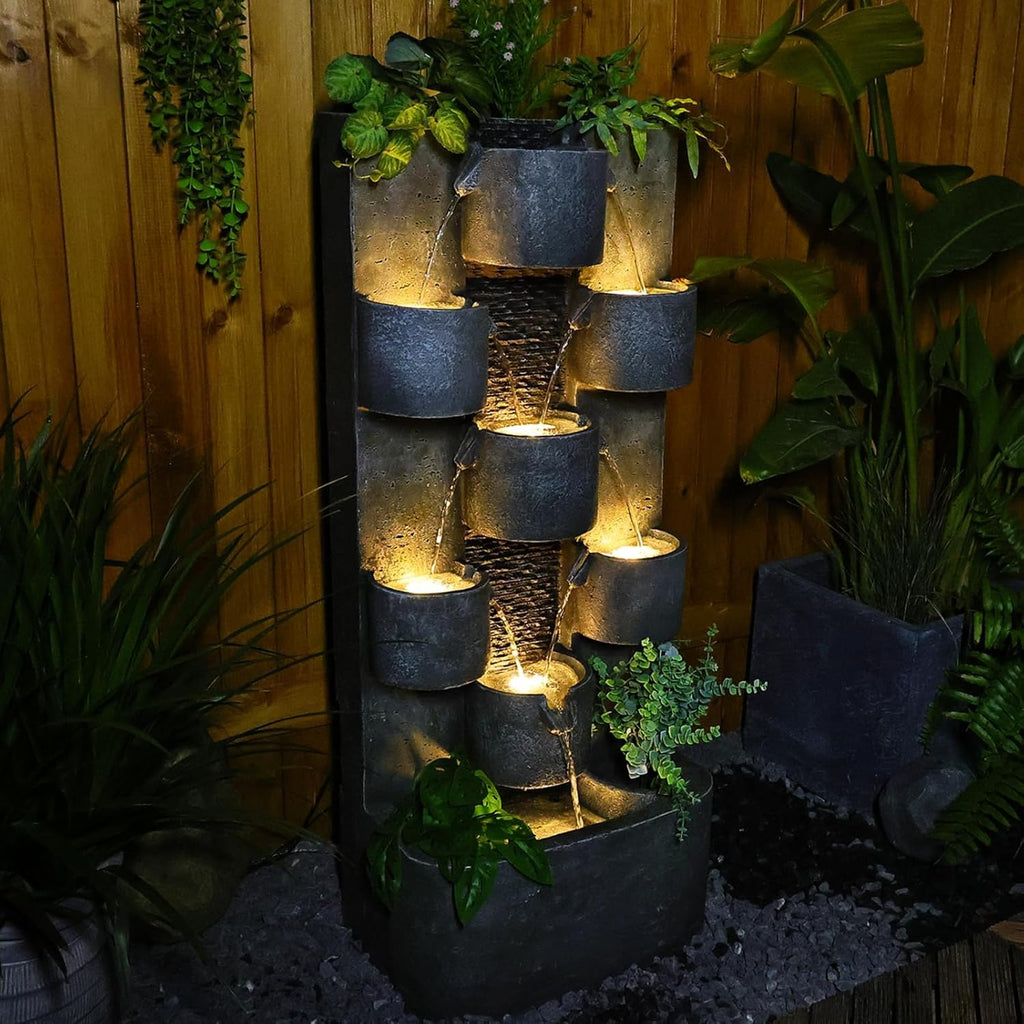 Outdoor Water Fountain Garden - Waterfall Large Water Feature Fountains with LED Lights & Pump