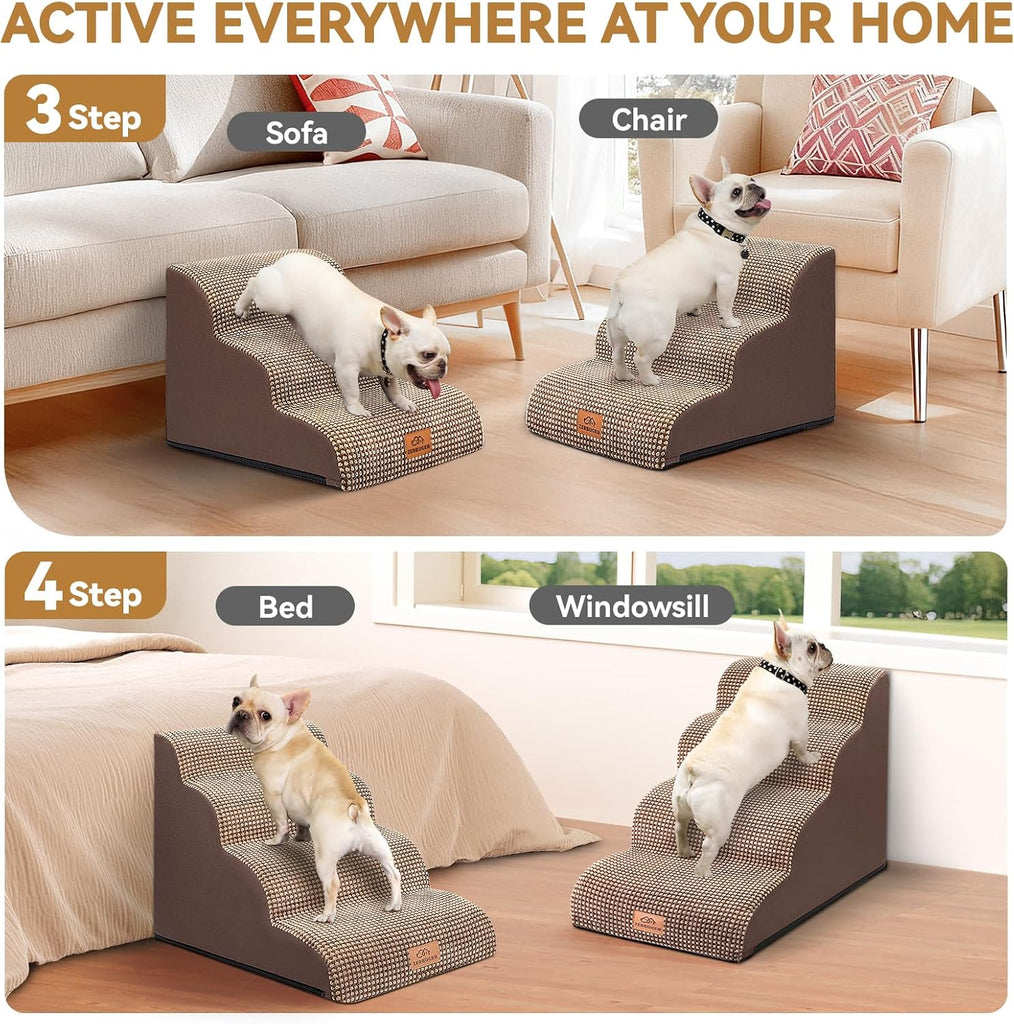 Dog Ramp and Stairs for Bed, Coffee 3 Steps 16" H, Nonslip Cover