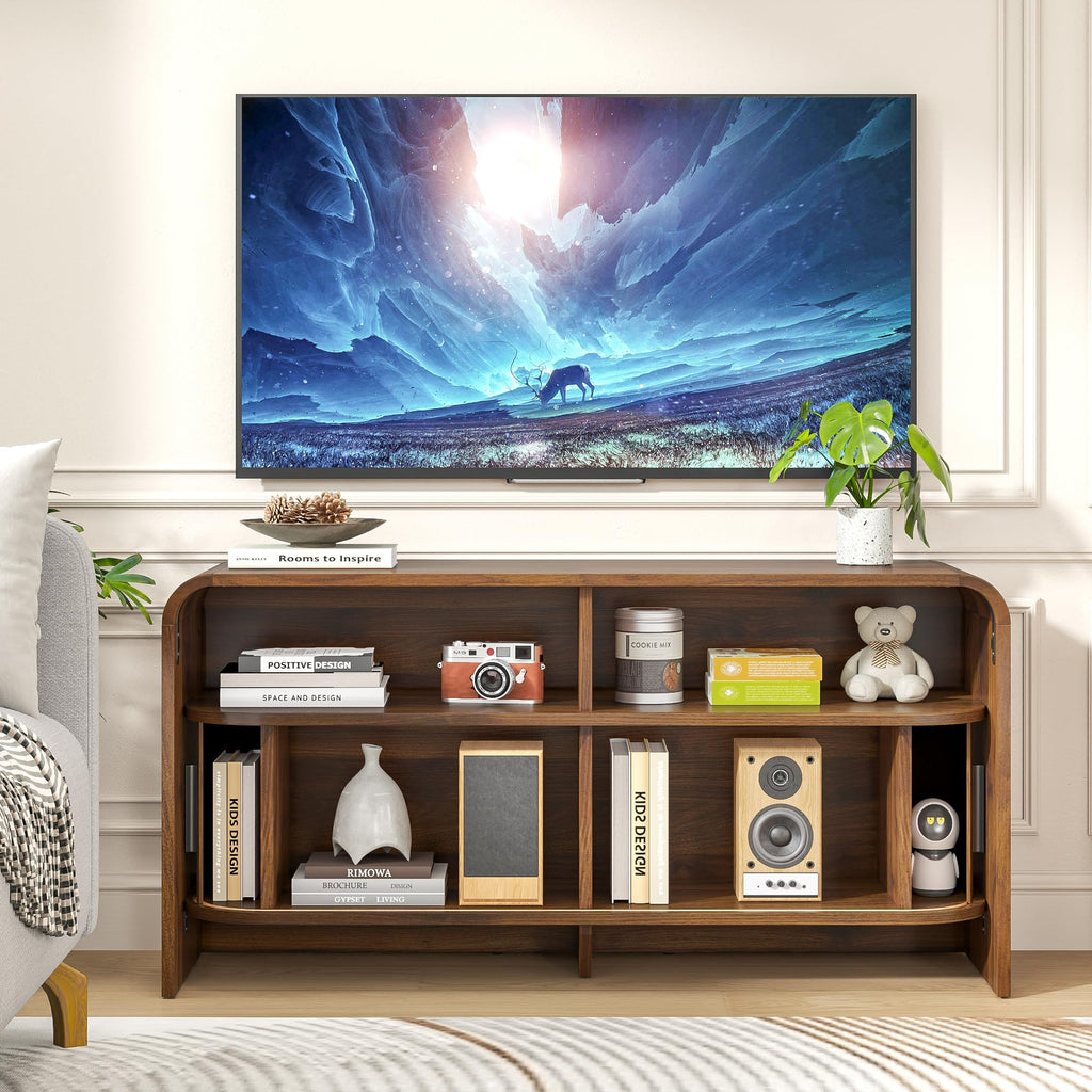 Small TV Stand, Low Fluted TV Console for 40 43 Inch, Mid Century Modern Entertainment Center with Sliding Doors