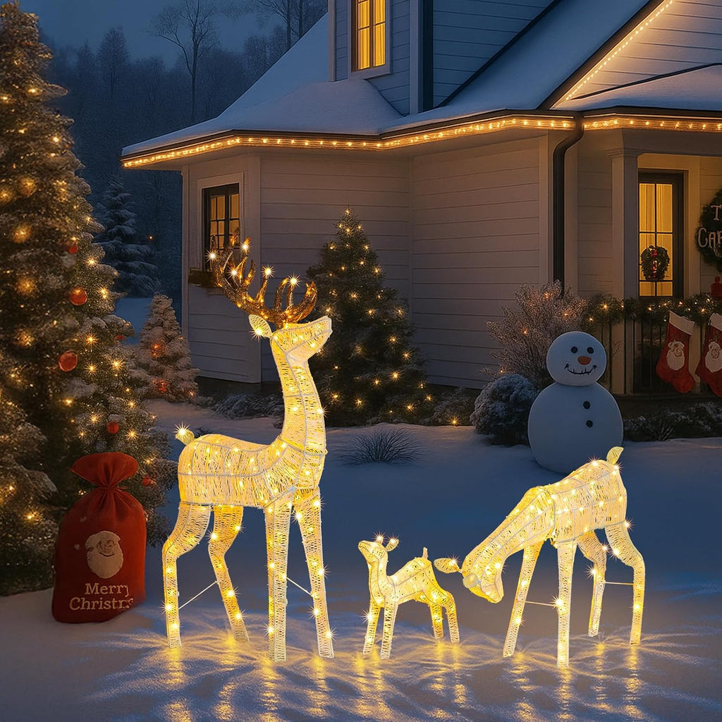 5FT 3D Lighted Outdoor Christmas Deer Family Set, 3- Piece Christmas Reindeers with 280 Warm LED Lights, Yard