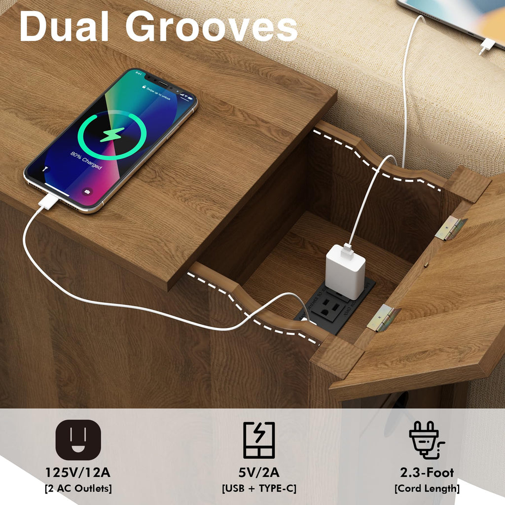 Narrow with Charging Station - Midcentury Rattan Slim Side Table with USB Ports and Power Outlets, Nightstand with