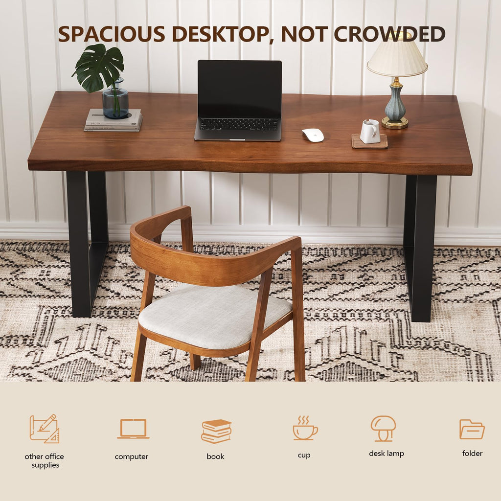 47" Solid Wood Live Edge Computer Desk - Rustic Vintage Industrial Brown Work Desk, Modern Minimalist Home Office