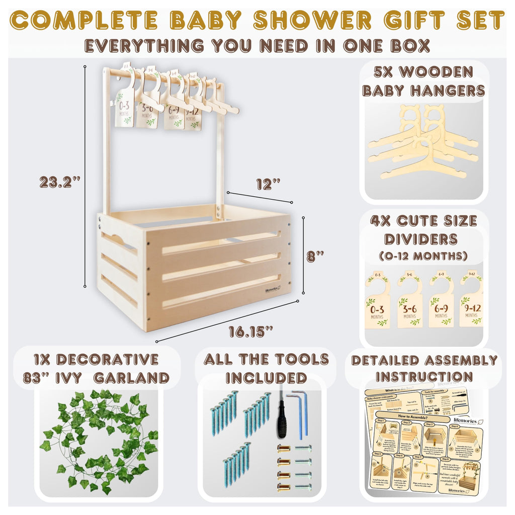 Wooden Baby Shower Crate Closet with Clothes Hangers & Dividers, Large Gift Basket for Boys & Girls, Wood Box Storage