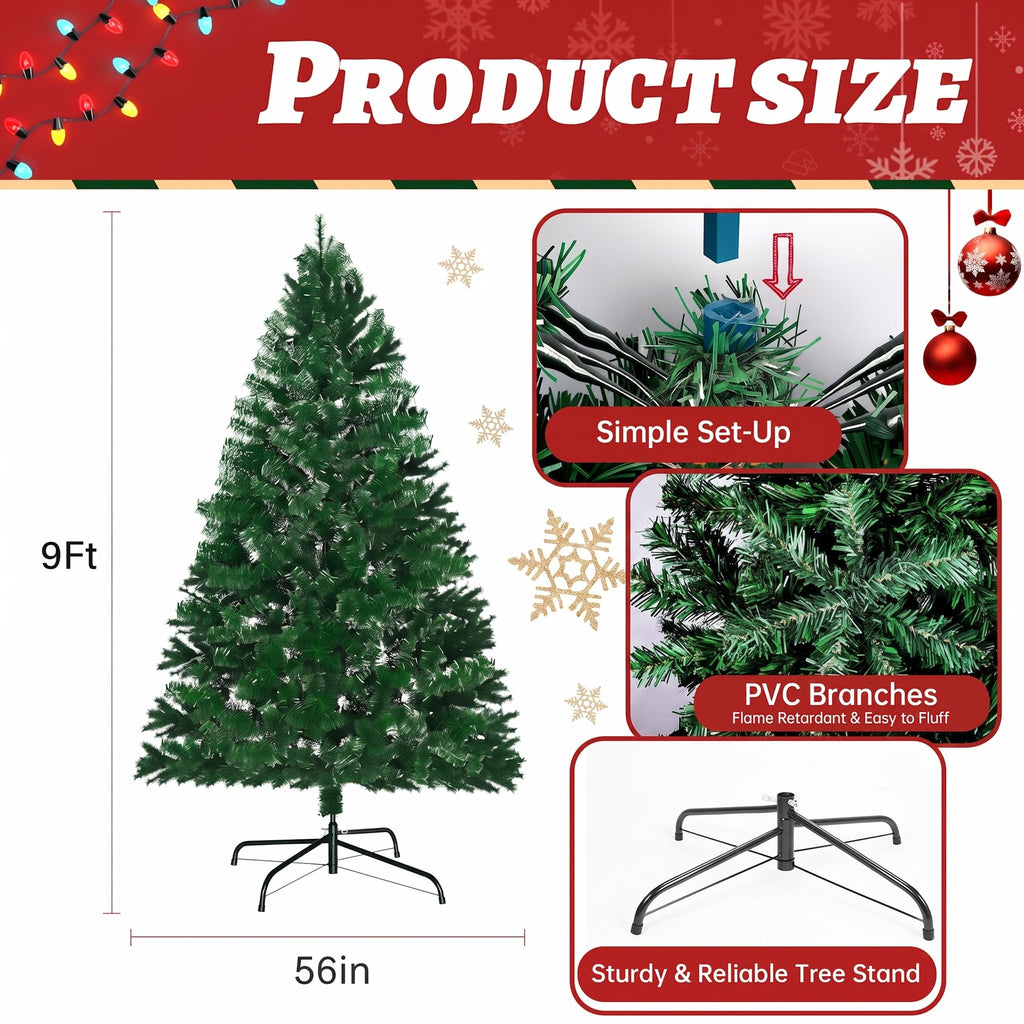 Premium 9FT Pre-Lit Classic Artificial Holiday Christmas Tree w/2, 450 Branch Tips, 550 LED Lights, Party Decoration
