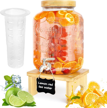 2 Gallon Drink Dispenser with Stand, With Wood Stand, 18/8 Stainless Steel Spigot and Labels Large Water Drink