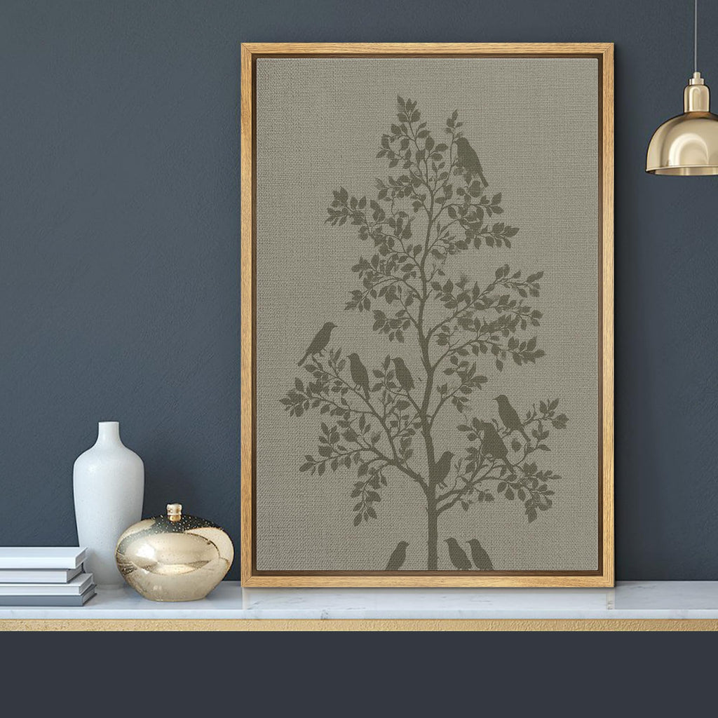 Framed Canvas Print Wall Art Birds On Tree Linen Texture Silhouette Illustrations Fine Art Mid-Century - 16"x24"