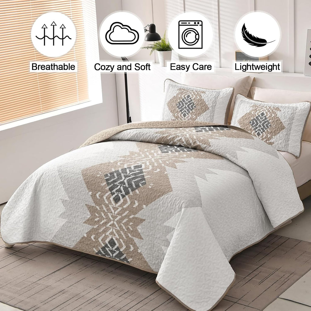 Brown Boho Quilt Set Queen,3 Pieces Aztec Texture Quilt with 2 Pillowcases,Bohemian Geometric Bedspread Bedding Set