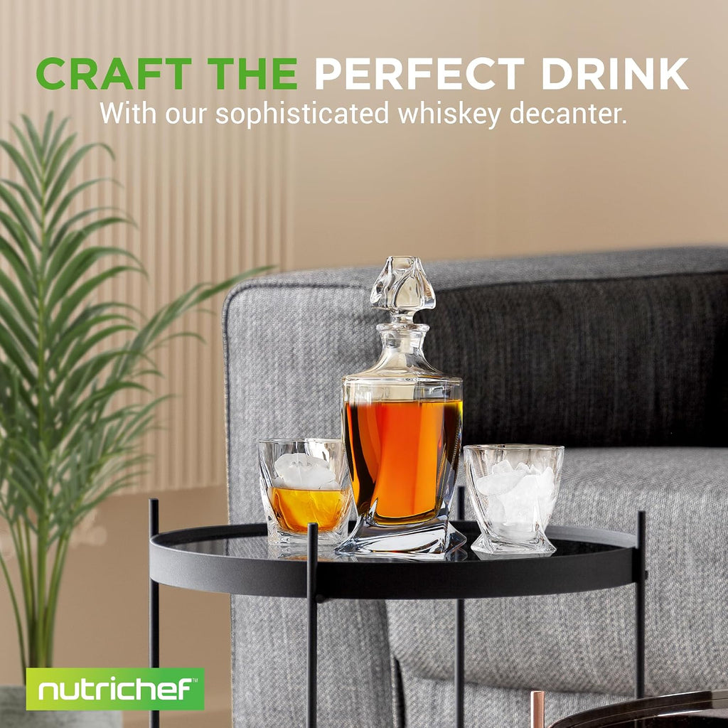 Glass Whiskey Decanter - Elegant Liquor Decanter for Scotch, Brandy, Bourbon, Rum, Gin, Vodka & Wine, Thick Bottom