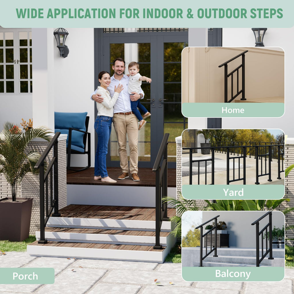 2 Pack Hand Rails for Outdoor Steps, 1-2 Step Stair Railing Outdoor, 2 Step Hand Rails for Seniors, Black