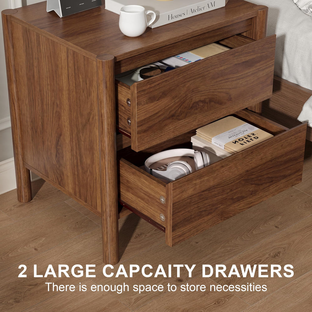 2 Pcs Walnut Nightstand Set, 2 Drawer Bedside End Table