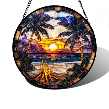 Beach Bonfire Sunset Stained Glass Window Hanging Suncatcher Gifts 9.8"