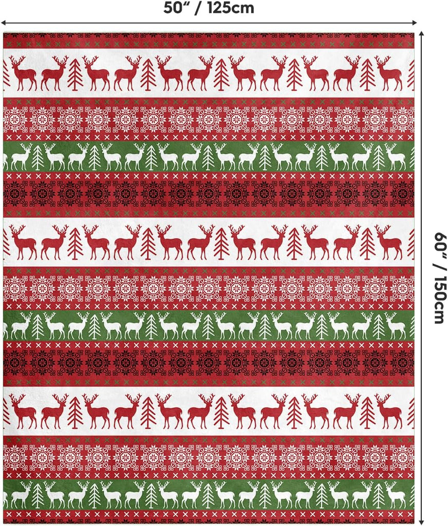Christmas Flannel Blanket Throw, Green Reindeer Soft Fuzzy Plush Cozy Fleece Blankets for Couch Sofa Bed Lounging