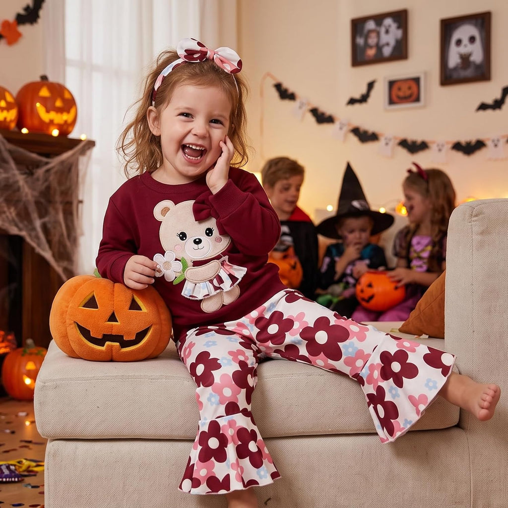 Baby Girl Clothes Bear Sweatshirt Flare Pants Set Fall Outfits