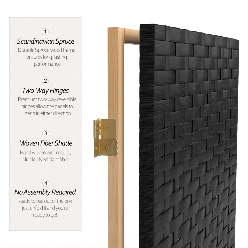 2 ft. Short Woven Fiber Folding Screen - 4 Panel - Black