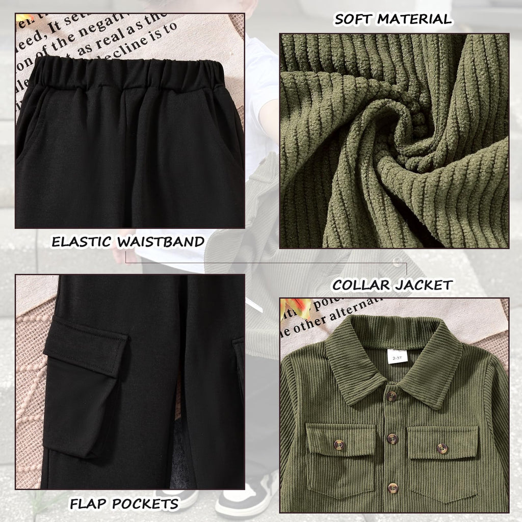 Toddler Boy Fall Clothes Corduroy Long Sleeve Button Down Lapel Collared Shacket Jacket White T-shirt Cargo Pants