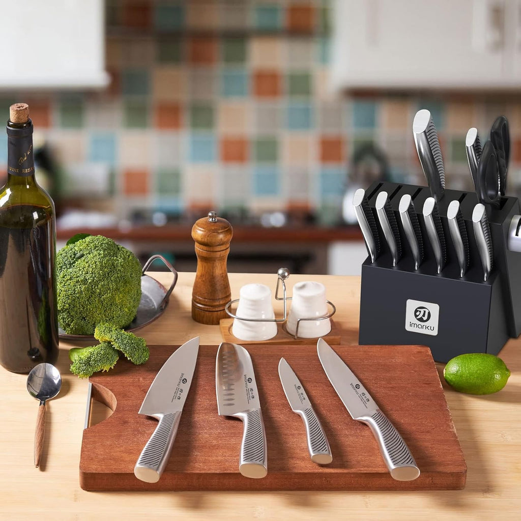 14 Pcs High-Carbon Stainless Steel Kitchen Knife Set Black | 56±2 HRC Hardness | Build-in Sharpener | Full Tang