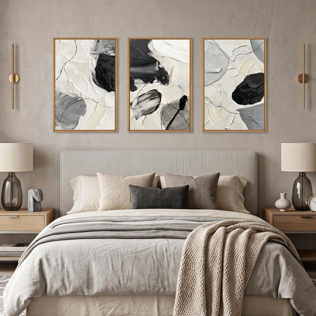 Large Abstract Black White Framed Canvas Wall Art Set-16"x24"x3