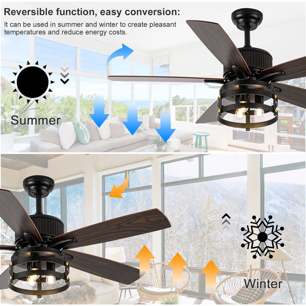 Farmhouse Rustic Ceiling Fan with Lights, 52 Inch Industrial Ceillng Fan Outdoor Ceiling Fan, Large Airflow