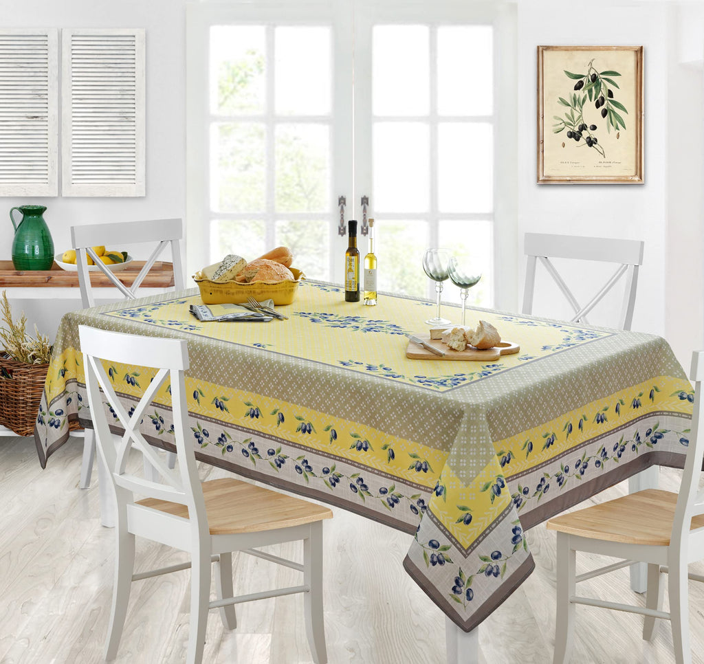 Rectangle Fabric Tablecloth, 52 x 70 Inch, Olivier Yellow and Grey Olive Print, Stain and Water Resistant Fabric