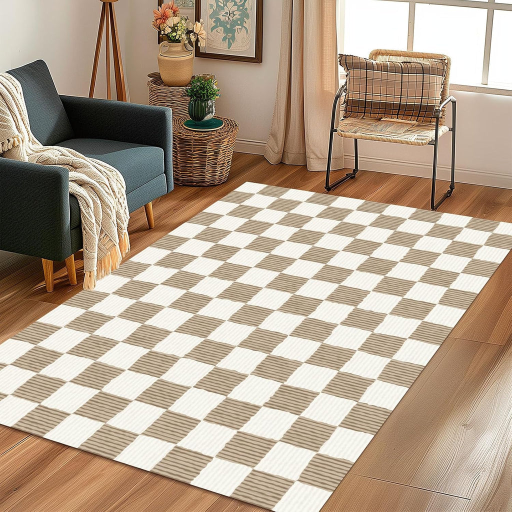 Checkered Brown Area Rug Washable Large Living Room Rug Geometry Neutral Line Non-Slip Soft Bedroom Carpet