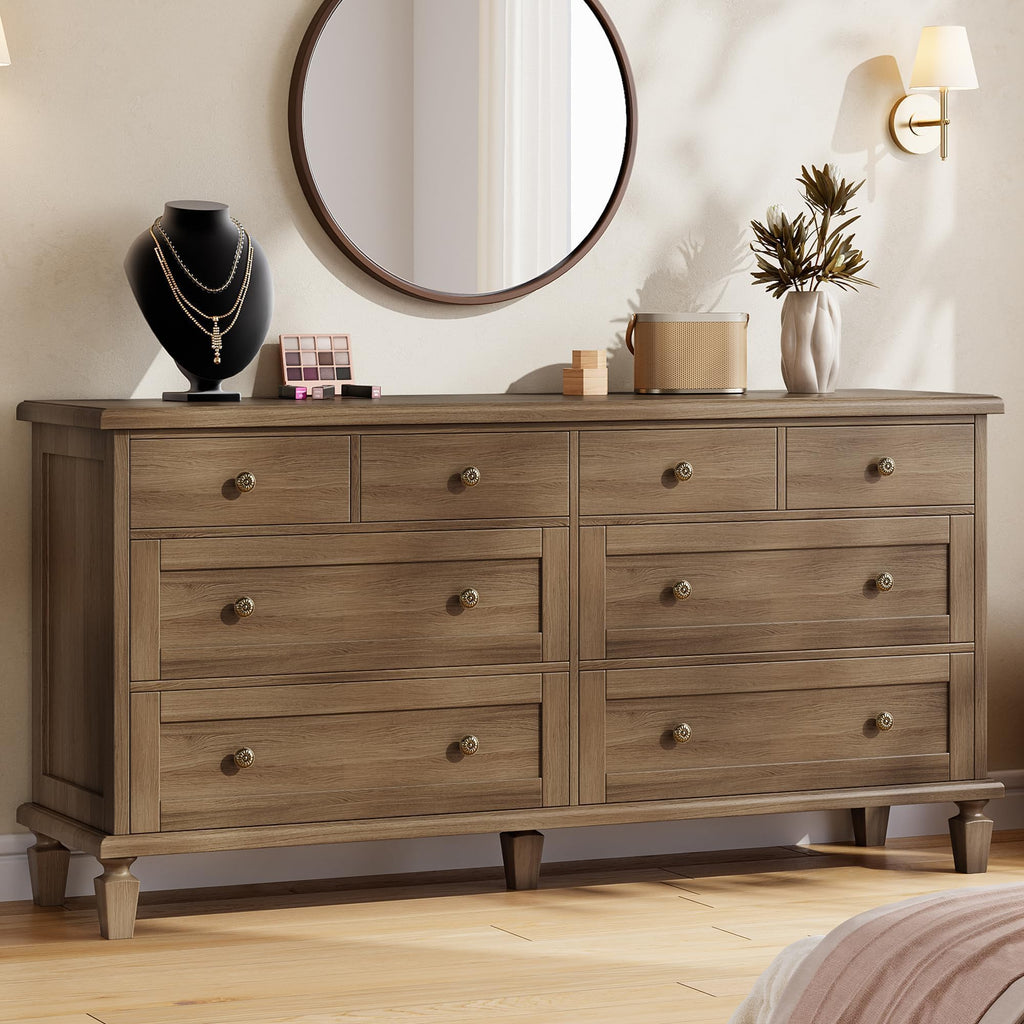 8 Drawer, Vintage 59" Long TV Stand with Carved Handles and Tapered Legs, Wood Chests of Drawers with Large