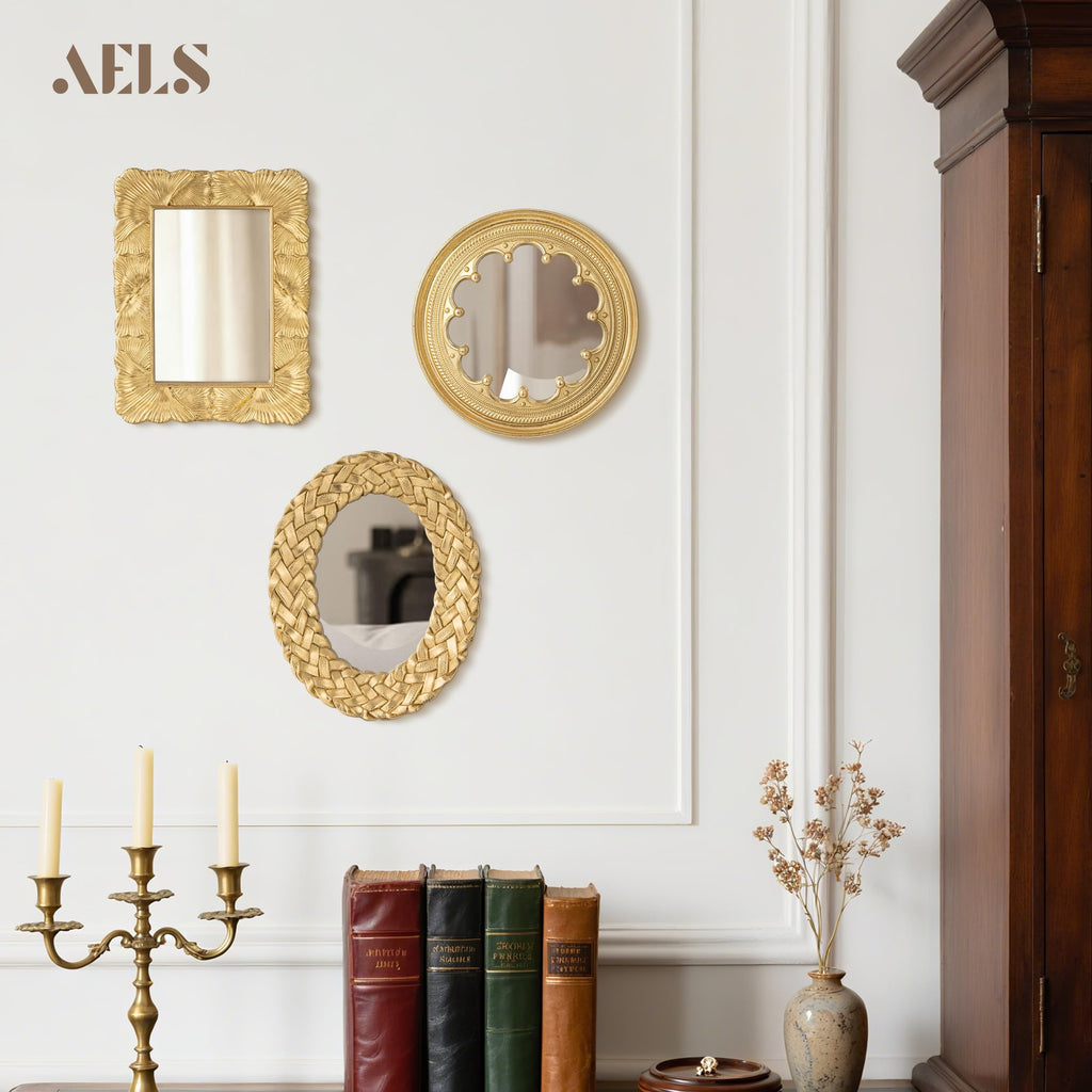 3 Pack Small Antique Gold Mirror Wall Decor, Wall Hanging Mirror Decor, Luxury Home Decor, Vintage Wall Mirror Set of