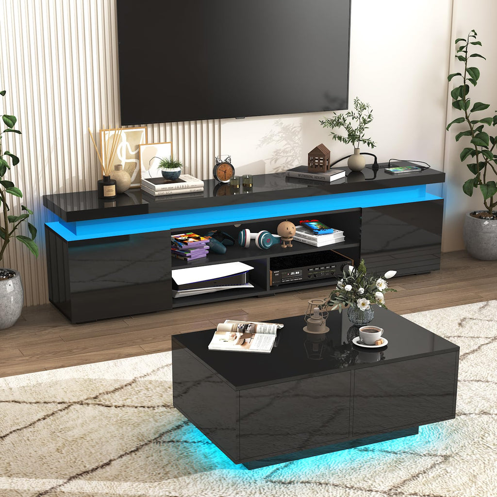 LED TV Stand for 85 Inch TV, Modern TV Stand with Power Outlet, High Gloss TV Console Entertainment Center with