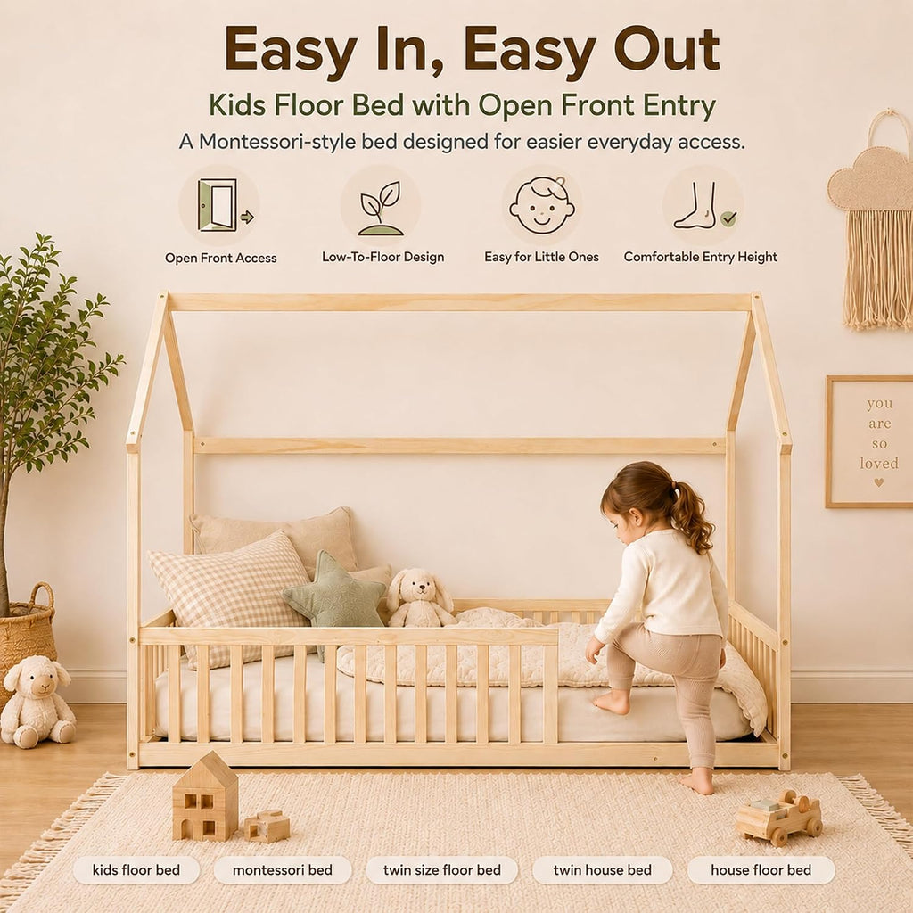 Tw Floor Bed with Roof and Guardrails, No Box Spring, Natural | Pine wood kids floor bed with low design, guardrails