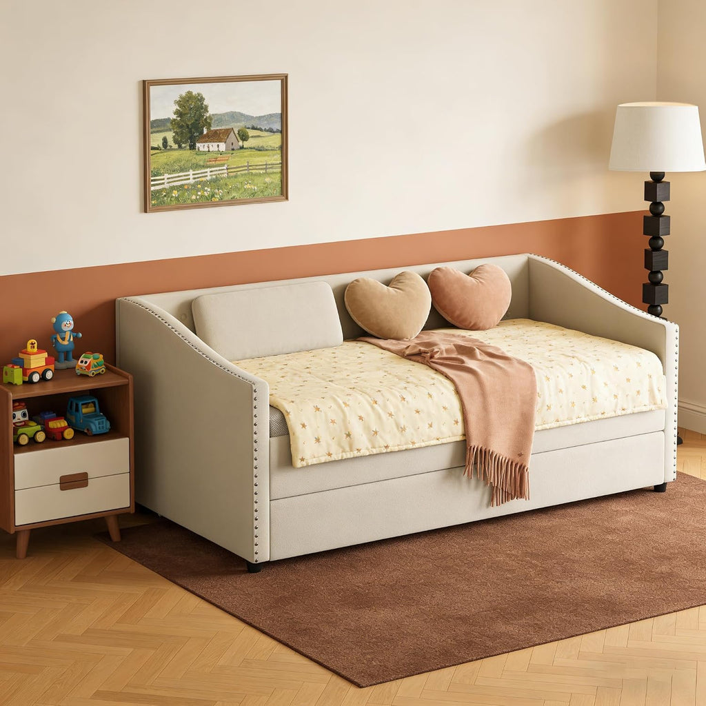 Twin Size Upholstered Daybed with Trundle | Twin Size Trundle,Button-Tufted Back, Piping on Waved-Shape Arms, Solid